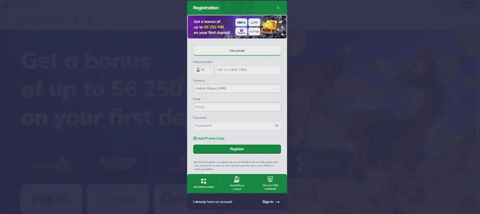 Valorbet registration