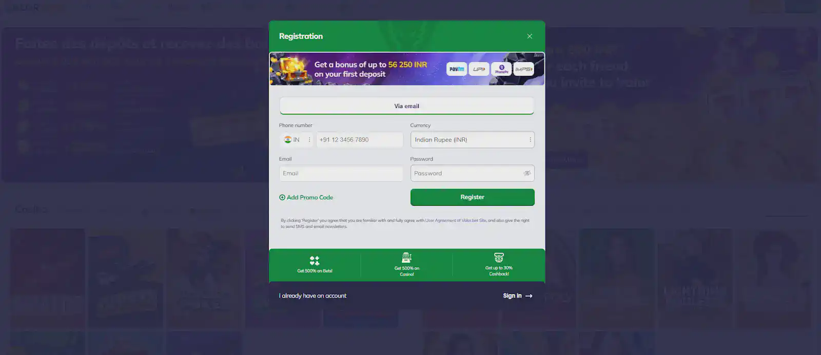 sign up at Valor casino